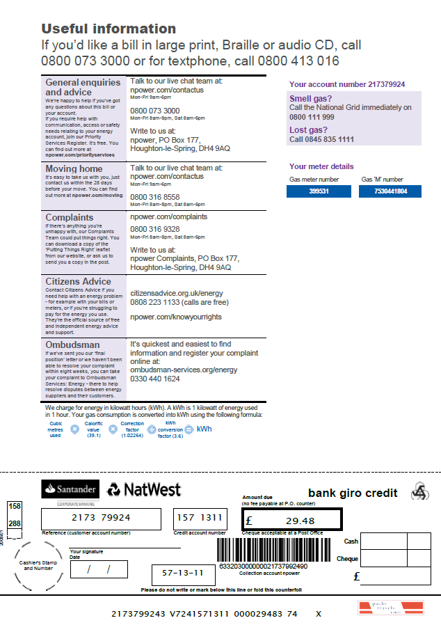 United Kingdom Npower utility bill template in Word and PDF formats, 3 pages, 3rd page